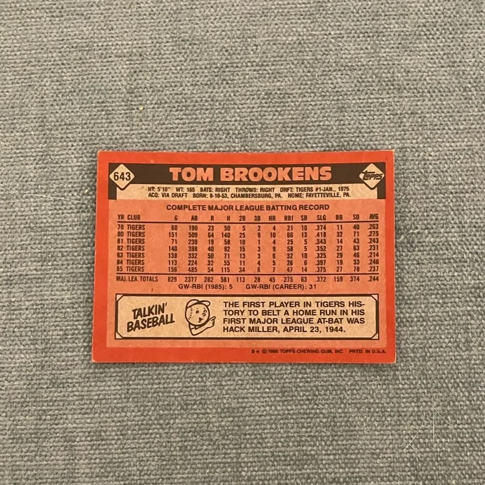 1986 Topps Detroit Tigers Baseball Card